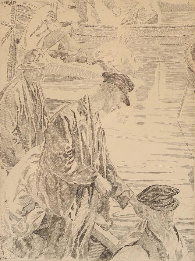 CARL WILHELMSON. "Makrillfiskare". Etsning, signerad C. Wilhelmson.