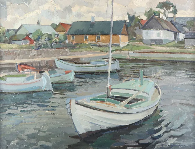 HENRY MAYNE. Oljemålning på duk. Motiv från fiskeläge. Signerad.