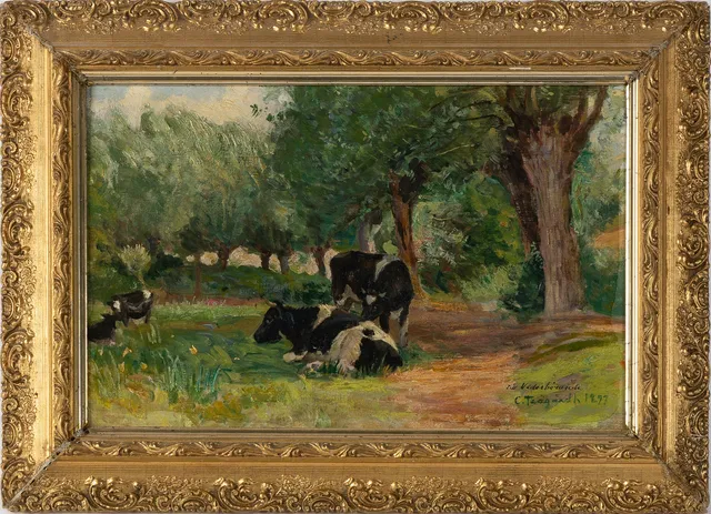 CARL TRÄGÅRDH. Kor i hage, olja på pannå, signerad 1897.