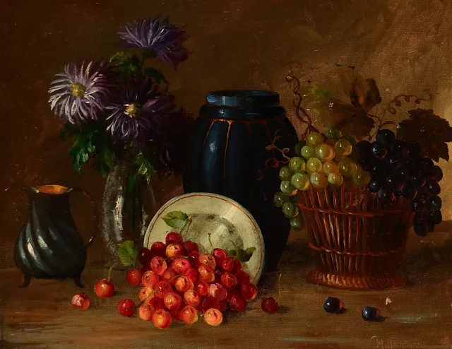 M. JANTZEN, STARTEN AF 1900 TALLET. Stilleben med blomster og frugt, olie på lærred, signeret.