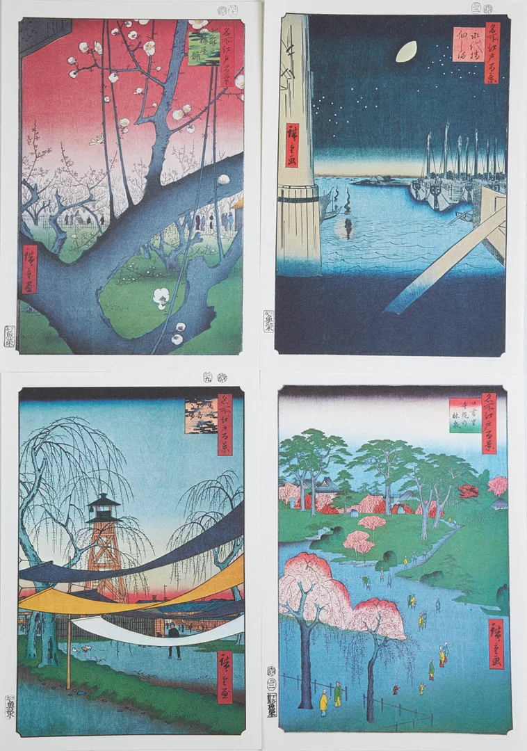 UTAGAWA HIROSHIGE. EFTER. 40 st, offsettryck reproduktion ur "One Hundred Views of Edo", i mapp medföljer bok om motiven. — Engravings & Prints — Stockholms Auktionsverk Sickla