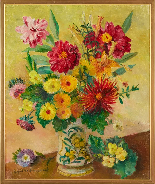 SIGRID WAHLSTRÖM DE ROUGEMONT. Blomsterstilleben, oljemålning på duk, signerad Sigrid de Rougemont.