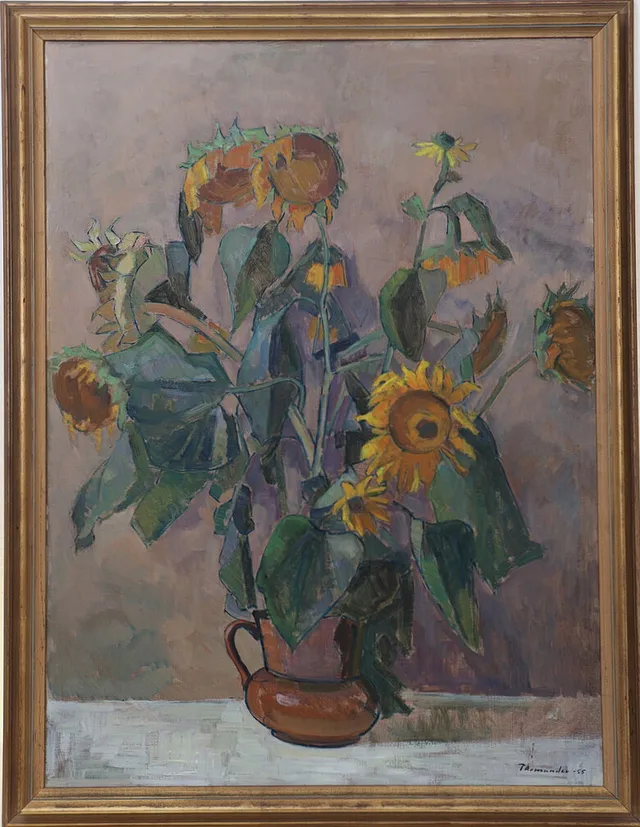 HARRY THOMANDER. olja på pannå, solrosor.