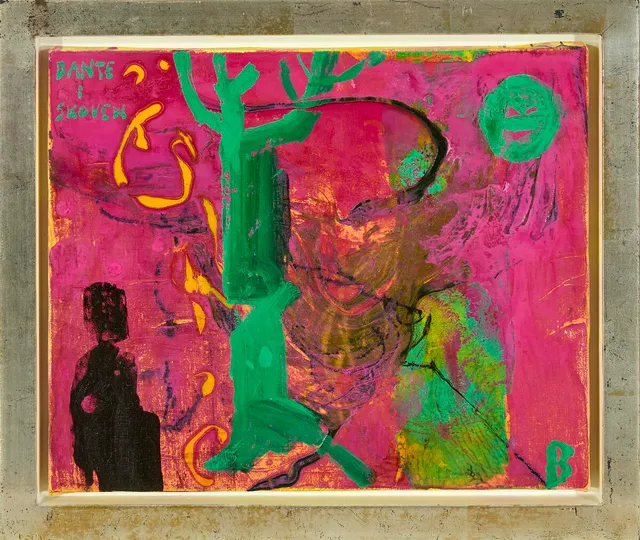 “Dante i skoven” (Dante in the woods), 1999. Signed B; signed and dated on the reverse. Oil on canvas. 25×30 cm.