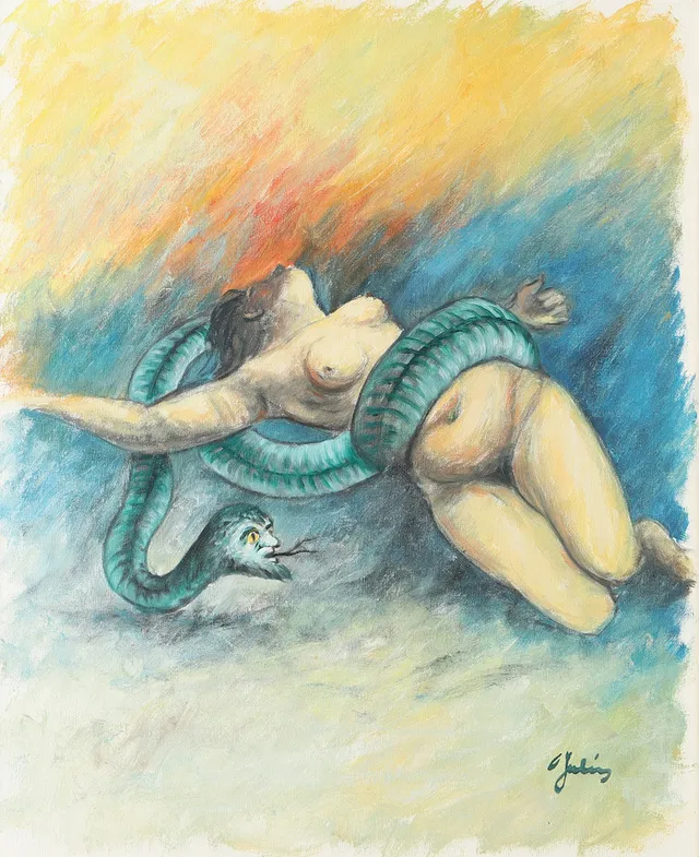 CARL JULIUS. Kvinna och orm, olja på duk, signerad C. Julius.