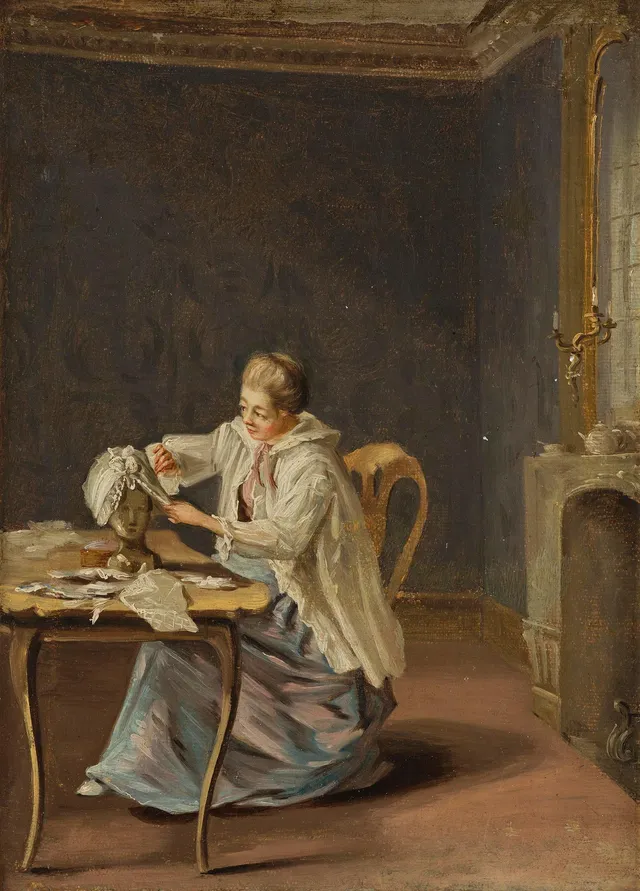 Pehr Hilleström, "Dam syende en mössa på en mösstock".