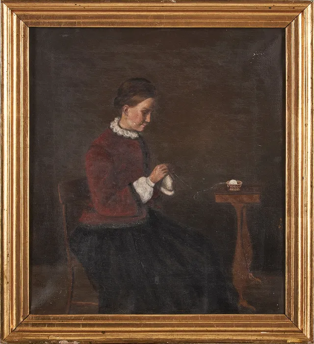 AUGUSTA BORG (1826-1914). Handarbetande kvinna, olja på duk, signerad, daterad 1858.