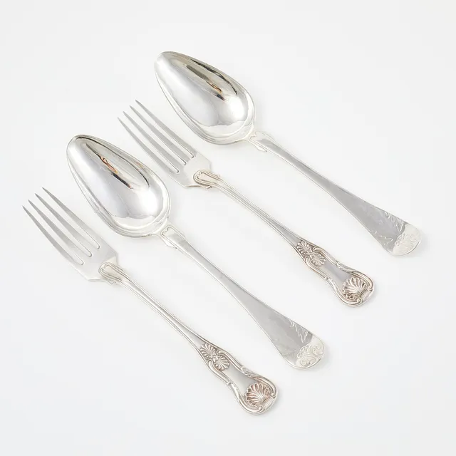 GAFFLAR, SKEDAR, 4 dlr, silver, bl.a. Gustav Möllenborg, engelsk snäck- och gammal franskmodell, 1839-43.