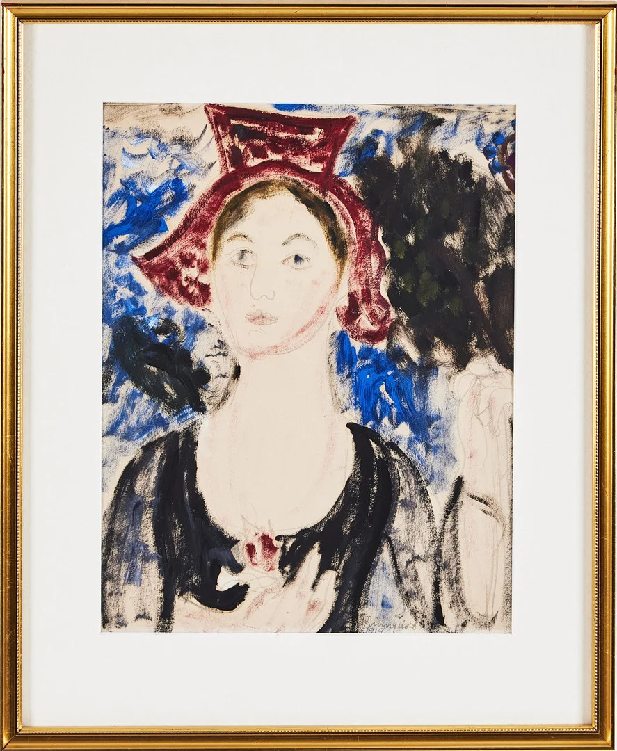 HILDING LINNQVIST. Porträtt av kvinna i röd huvudbonad, gouache på papper, signerad, daterad 1919. — Paintings — Stockholms Auktionsverk Magasin 5