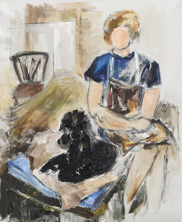 BIRGIT ÖFVERSTRÖM. olja på duk, kvinna med pudel, signerad, 1967.