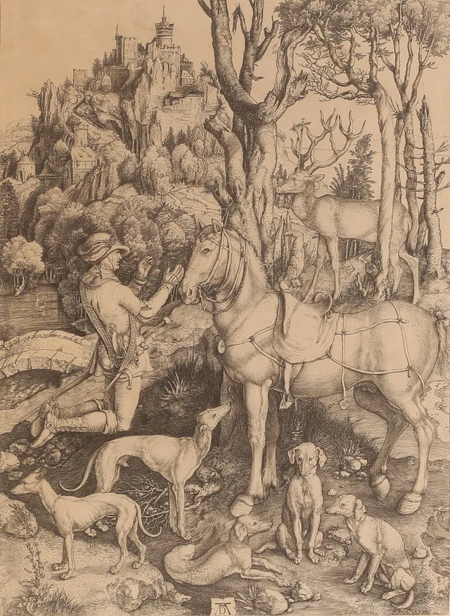 ALBRECHT DÜRER. Efter gravyr, "St Eustace", monogramsignerad i trycket.