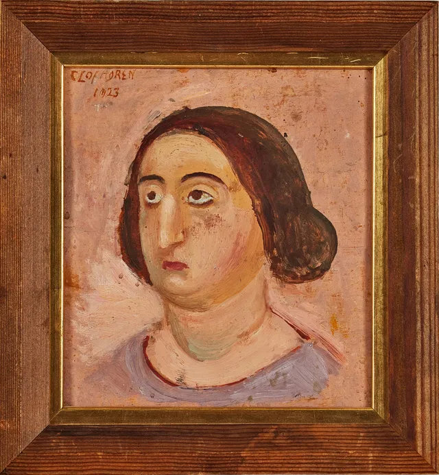 OLOF ÅGREN. Sydländskt kvinnohuvud, olja på pannå.16 x 14,5 cm.