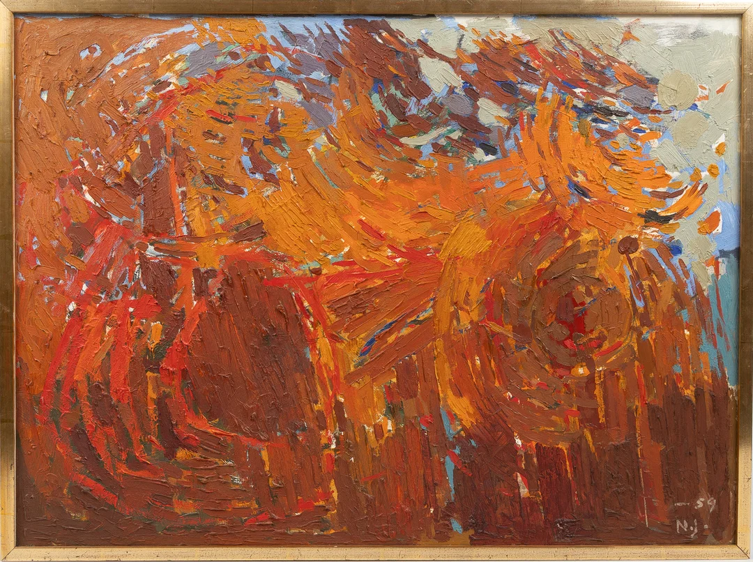 NILS JOHANSSON. "Höstvirvlar", olja på pannå. — Paintings — Stockholms Auktionsverk Helsingborg