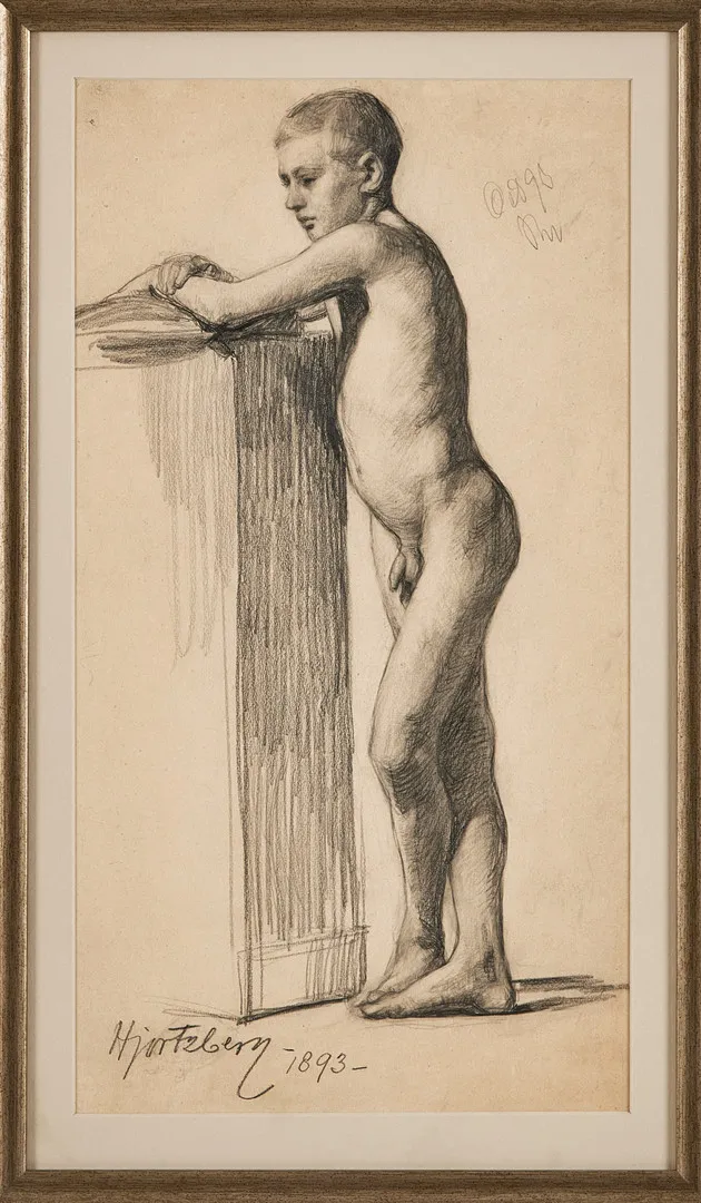 OLLE HJORTZBERG. Modellstudie, från tiden vid Konstakademien, kolteckning, signerad, daterad 1893.