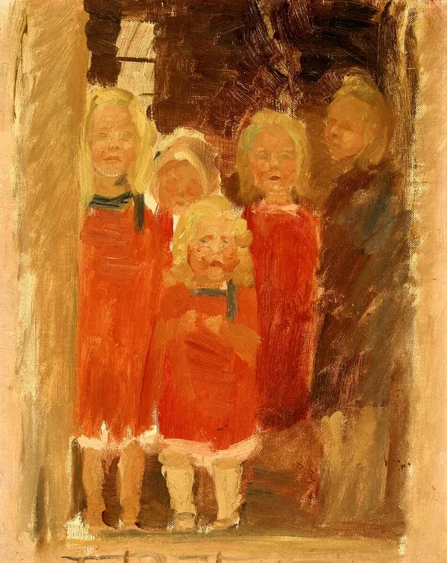 Five small girls standing in a doorway. Unsigned. Oil on canvas. 42×33 cm.