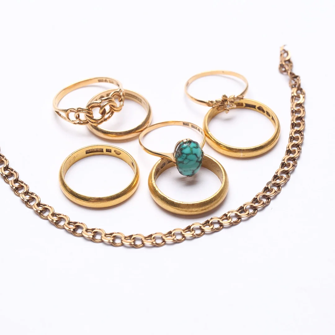 7 RINGAR samt defekt ARMBAND, 18-23K, Guld, vikt cirka 35 gram. — Jewellery — Gomér & Andersson Linköping