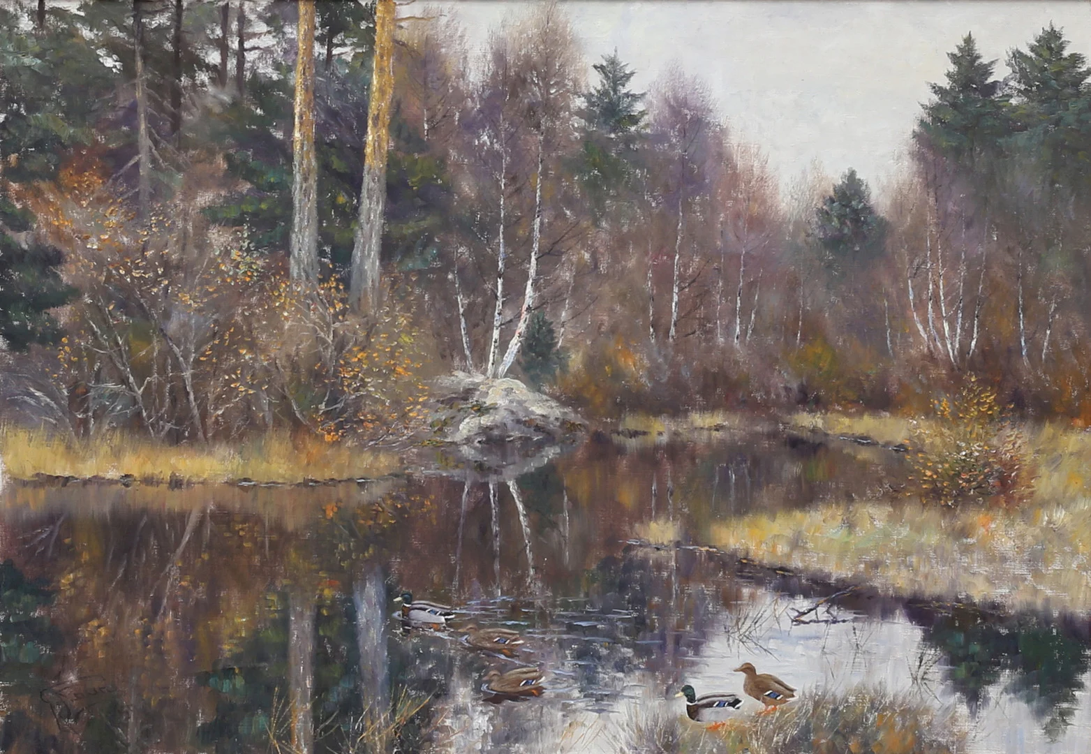 JOHANNES RAVN. Änder i vattendrag, olja på duk, signerad, daterad -50. — Paintings — Auktionshuset Thelin & Johansson