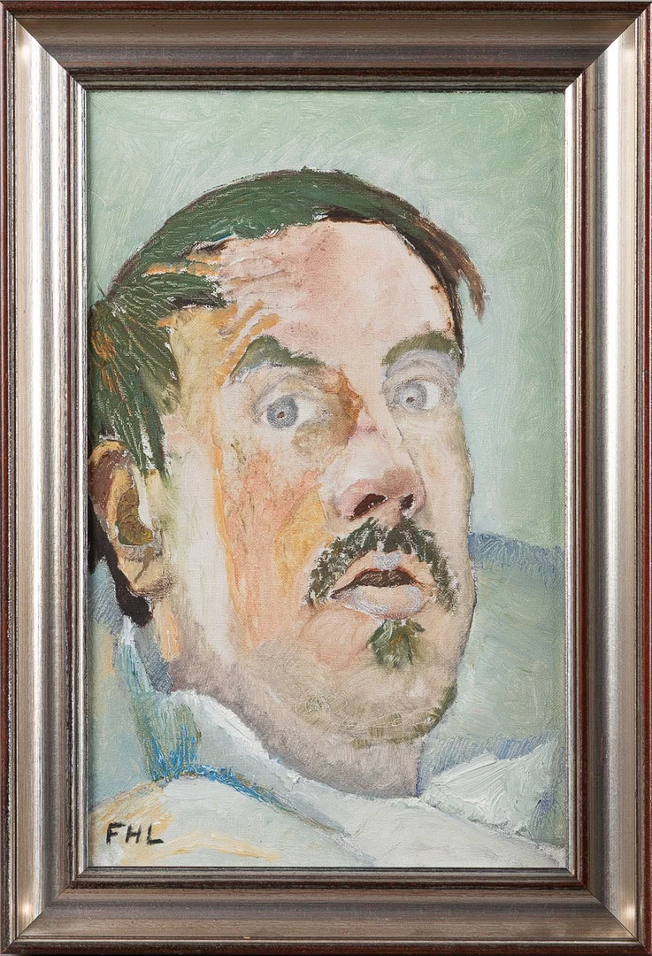 FOLKE HELLSTRÖM LIND. "Självporträtt på lasarettet", olja på duk, Signerad FHL. — Paintings — Stockholms Auktionsverk Helsingborg
