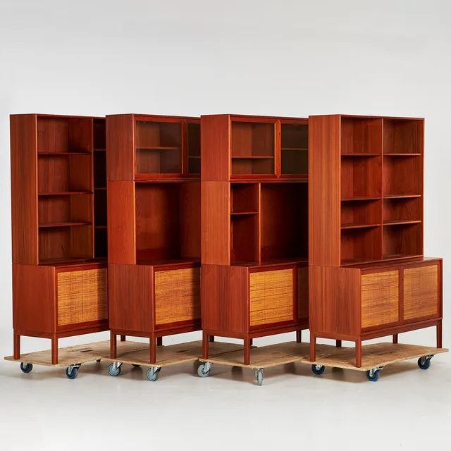 ALF SVENSSON. bokhyllor, moduler, Bjästa Snickerifabrik 1950/60-tal, teak och rotting.