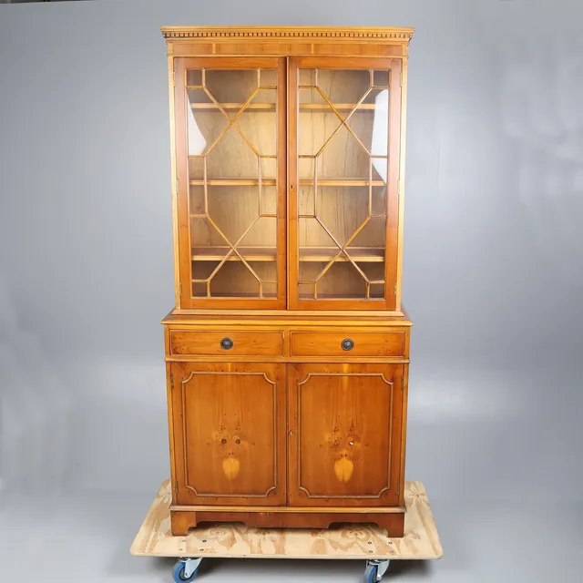 GEORGE III STYLE YEW WOOD CABINET BOOKCASE.