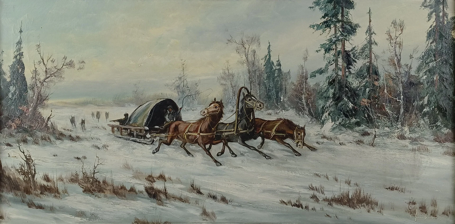 - Verschneite Winterlandschaft mit Troika-Schlitten, von Wölfen verfolgt, Öl auf Leinwand, 20. Jh. — Paintings — Auktionshaus Blank