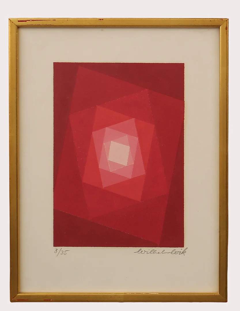WILHELM WIK. Färglitografi, komposition i rött, numrerad 3/35, signerad. — Engravings & Prints — Limhamns Auktionsbyrå
