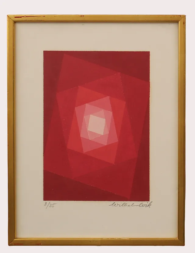 WILHELM WIK. Färglitografi, komposition i rött, numrerad 3/35, signerad.