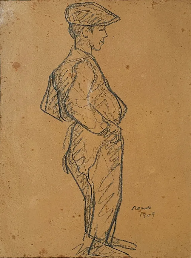 ISIDRE NONELL. "Jóven con gorra", dibujo al carbón, firmado nonell, fechado 1909.