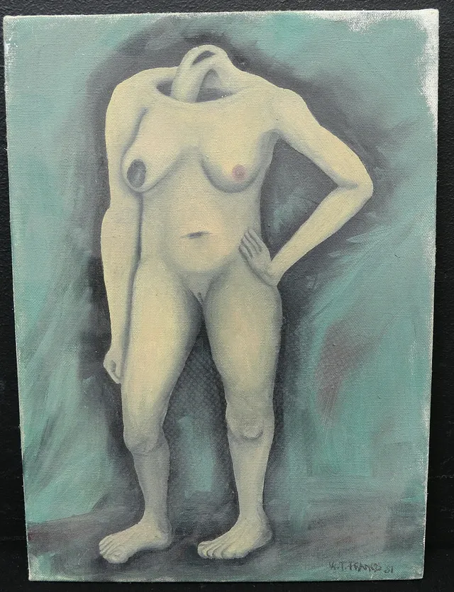 OIDENTIFIERAD KONSTNÄR. olja på duk, surrealistisk nakenstudie, otydligt signerad och daterad.