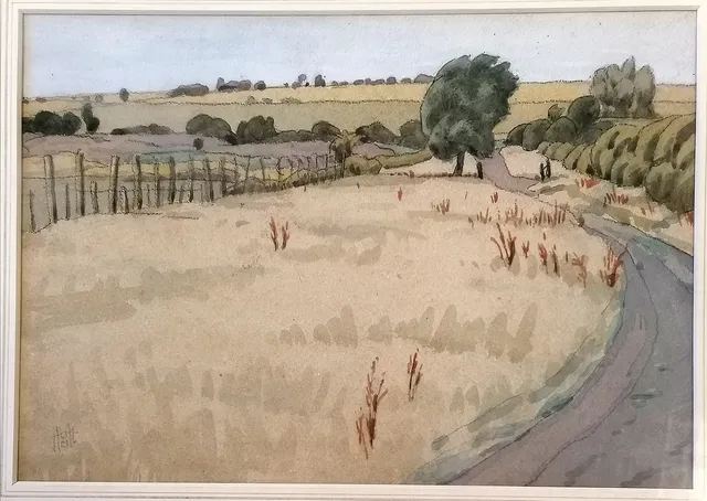 1921 WATERCOLOUR PAINTING OF A RURAL SCENE WITH HWH (?) MONOGRAM.