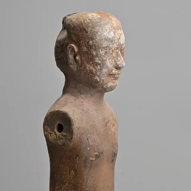 A RARE PAINTED POTTERY STICK HORSEMAN FIGURE WESTERN HAN DYNASTY (206 BC - AD 8).