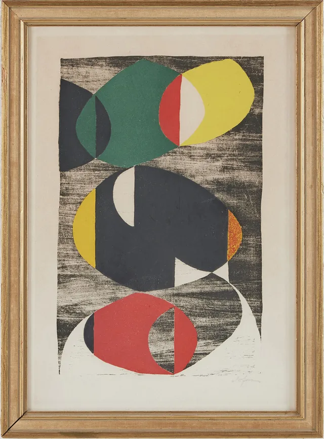 PIERRE OLOFSSON (1921-1996). Komposition, färglitografi, signerad.