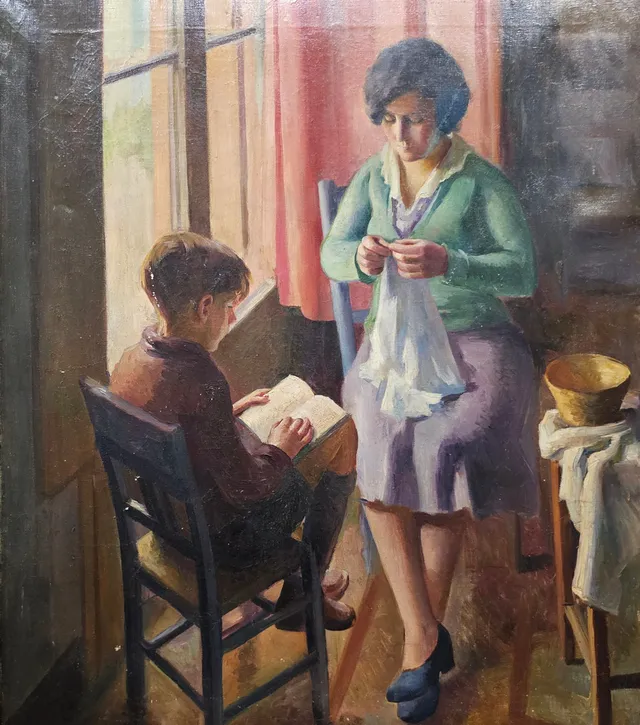 LABORES DOMÉSTICAS. ÓLEO SOBRE LIENZO. ANÓNIMO. ENMARCADO.