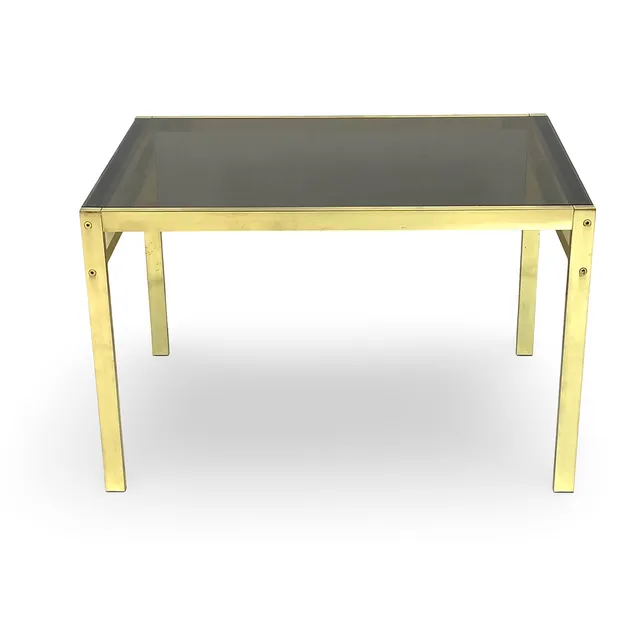 SIDOBORD, gulmetall med rökfärgad glasskiva.