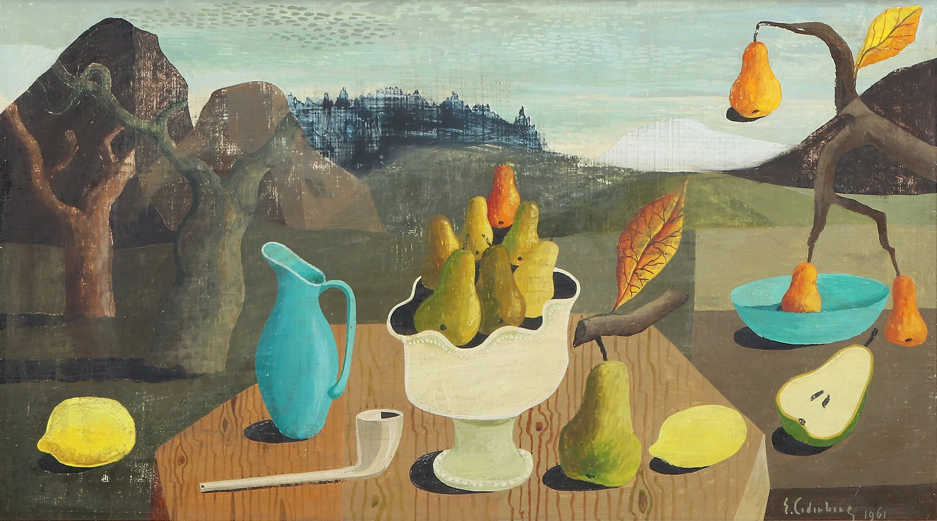 ERIC CEDERBERG. Tempera. Stilleben med kanna, pipa samt päron i skål på bord i landskap. Signerad: E. Cederberg 1961. — Paintings — Skånes Auktionsverk