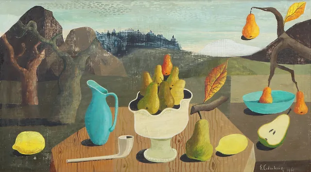 ERIC CEDERBERG. Tempera. Stilleben med kanna, pipa samt päron i skål på bord i landskap. Signerad: E. Cederberg 1961.