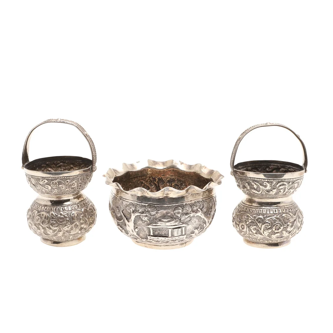 A PAIR OF EASTERN SILVER BUD VASES AND A BOWL. — Silver — Lawrences Auctioneers