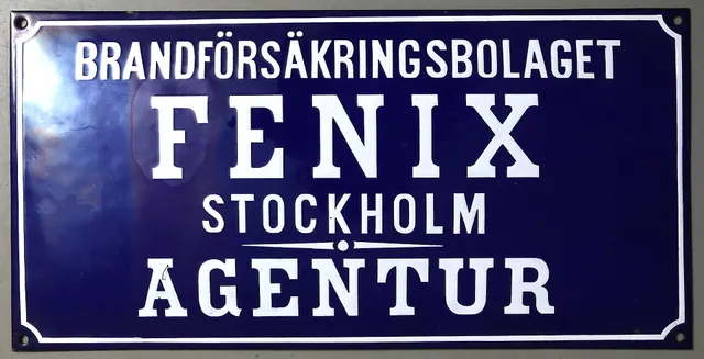 EMALJSKYLT, "BRANDFÖRSÄKRINGSBOLAGET FENIX ..." blå och vit.
