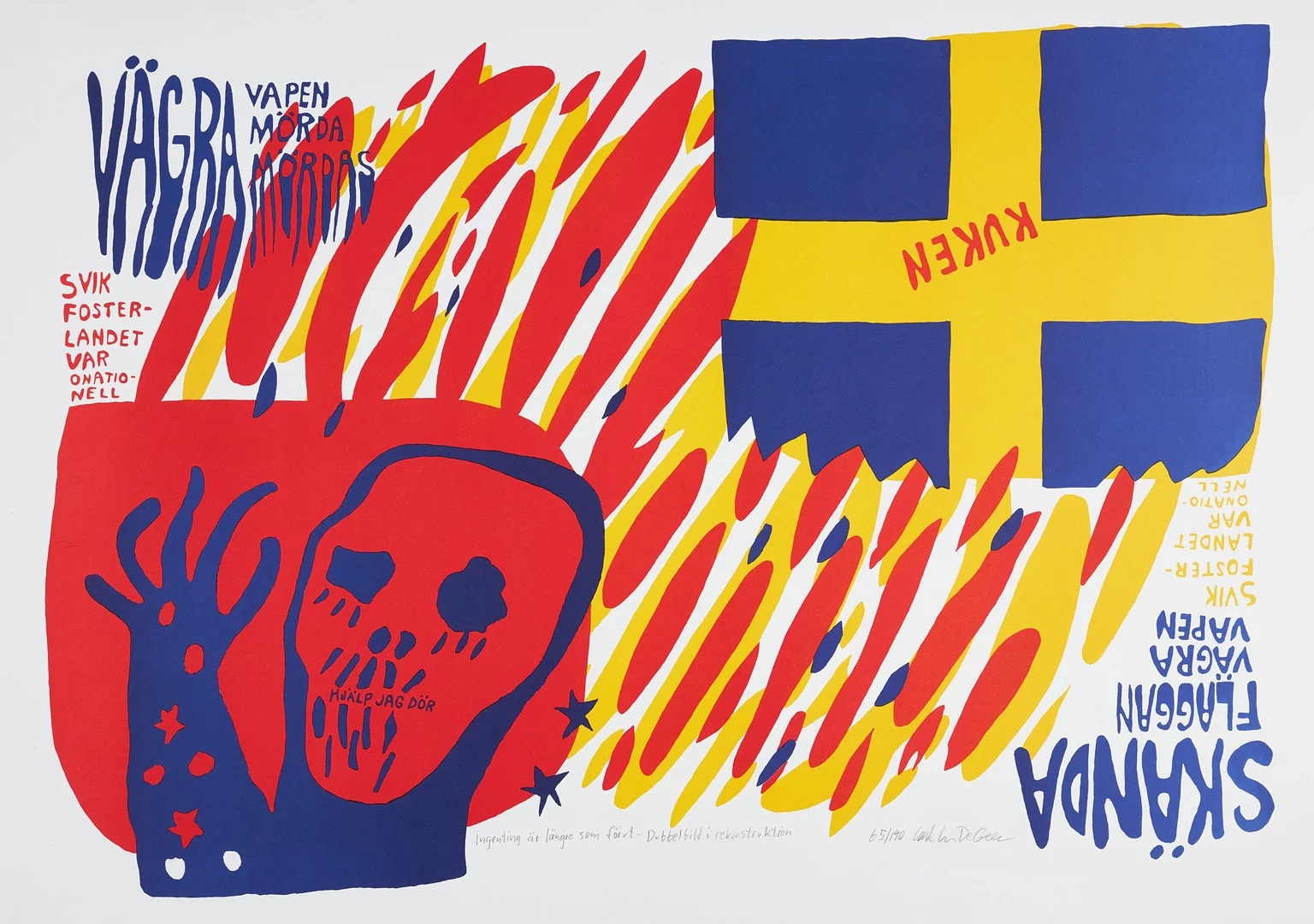 CARL JOHAN DE GEER (SVERIGE, FÖDD 1938). "Ingenting är längre som förut-Dubbelbild i rekonstruktion", numrerad 65/190, signerad, färglitografi. — Engravings & Prints — Stockholms Auktionsverk Sickla