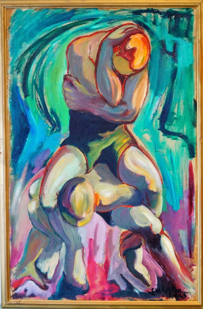 OLLE KRANTZ. olja på säckväv, "Kraftmätning", signerad. — Paintings — Lysekils Auktionsbyrå