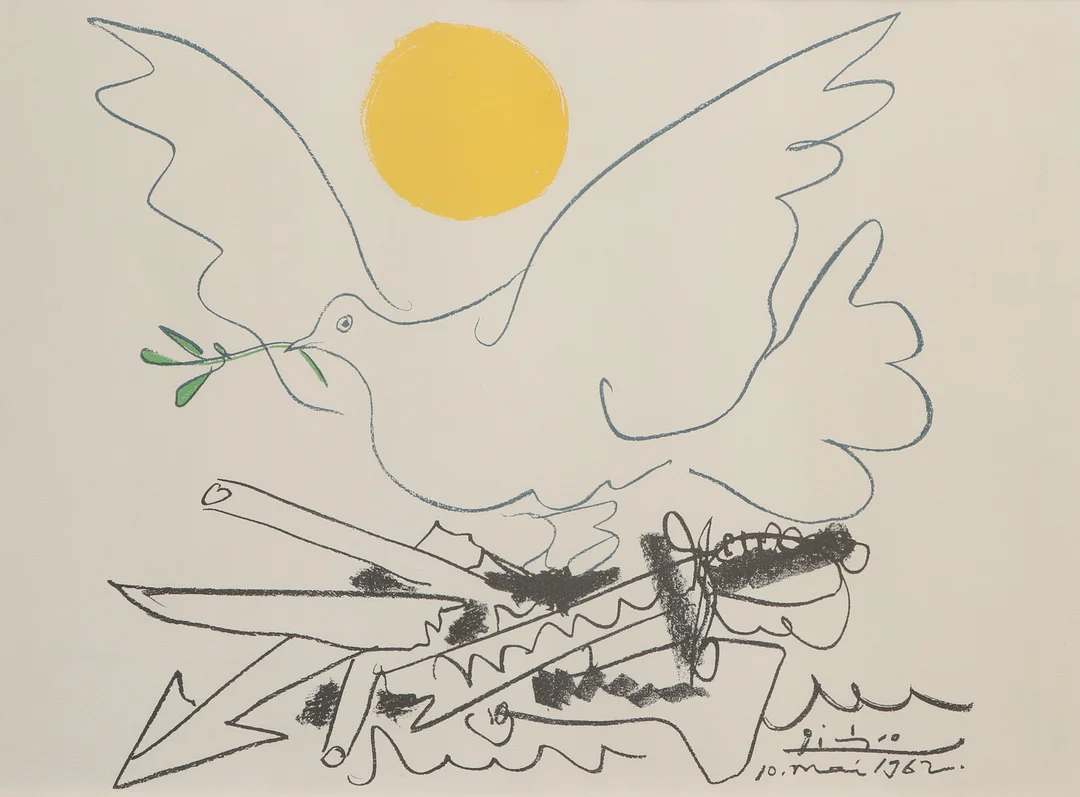 PABLO PICASSO. EFTER. Färglitografi, fredsduva, signerad och daterad i trycket. — Engravings & Prints — Ekenbergs Auktioner