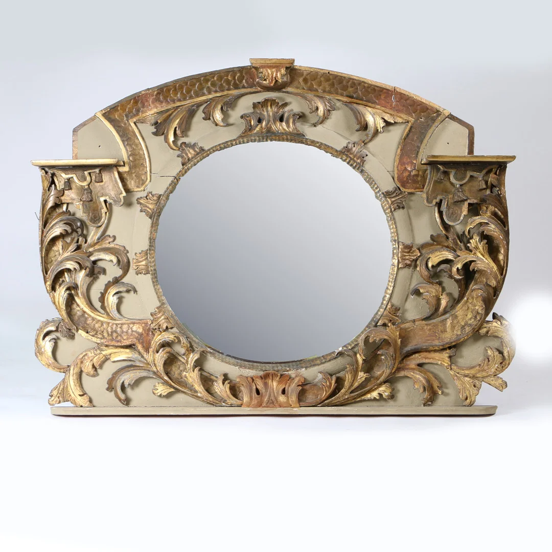 A 19TH CENTURY VENETIAN PAINTED AND PARCEL GILT CARVED OVERMANTLE MIRROR. — Mirrors — Bishop & Miller