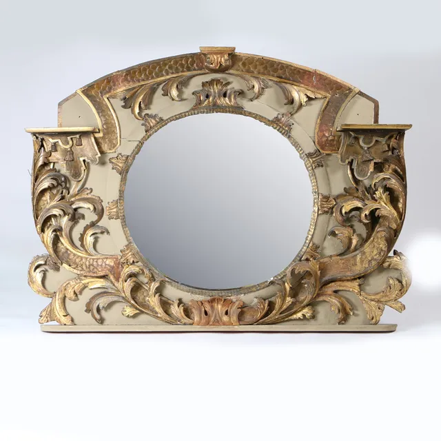 A 19TH CENTURY VENETIAN PAINTED AND PARCEL GILT CARVED OVERMANTLE MIRROR.