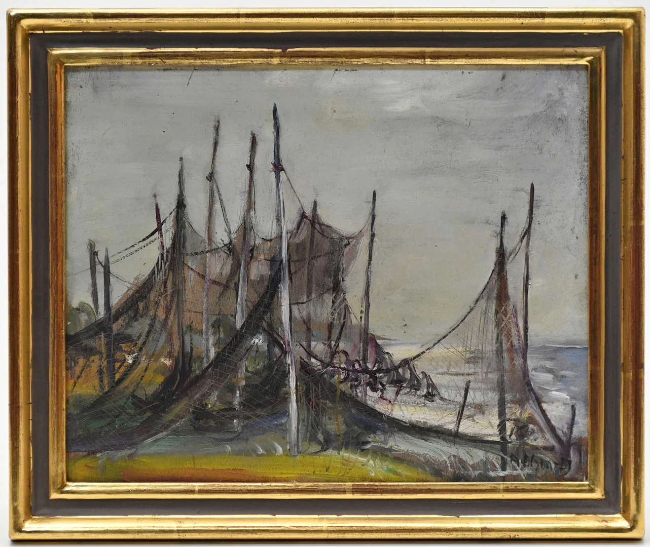 ANDERS OLSON. Fiskenät på tork. Olja på pannå. — Paintings — Connoisseur Bokauktioner