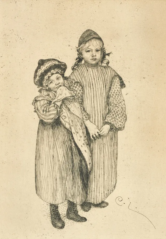 CARL LARSSON (SVERIGE, 1853–1919). "Snickare Hellbergs ungar", etsning, monogramsignerad C.L. i plåten. Göteborgs Konstförenings Årsblad 1913.
