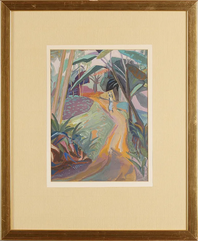 FRANS BERG (SVERIGE, 1892-1949). Vandrande kvinna signerad F.W.Son Berg. Gouache.
