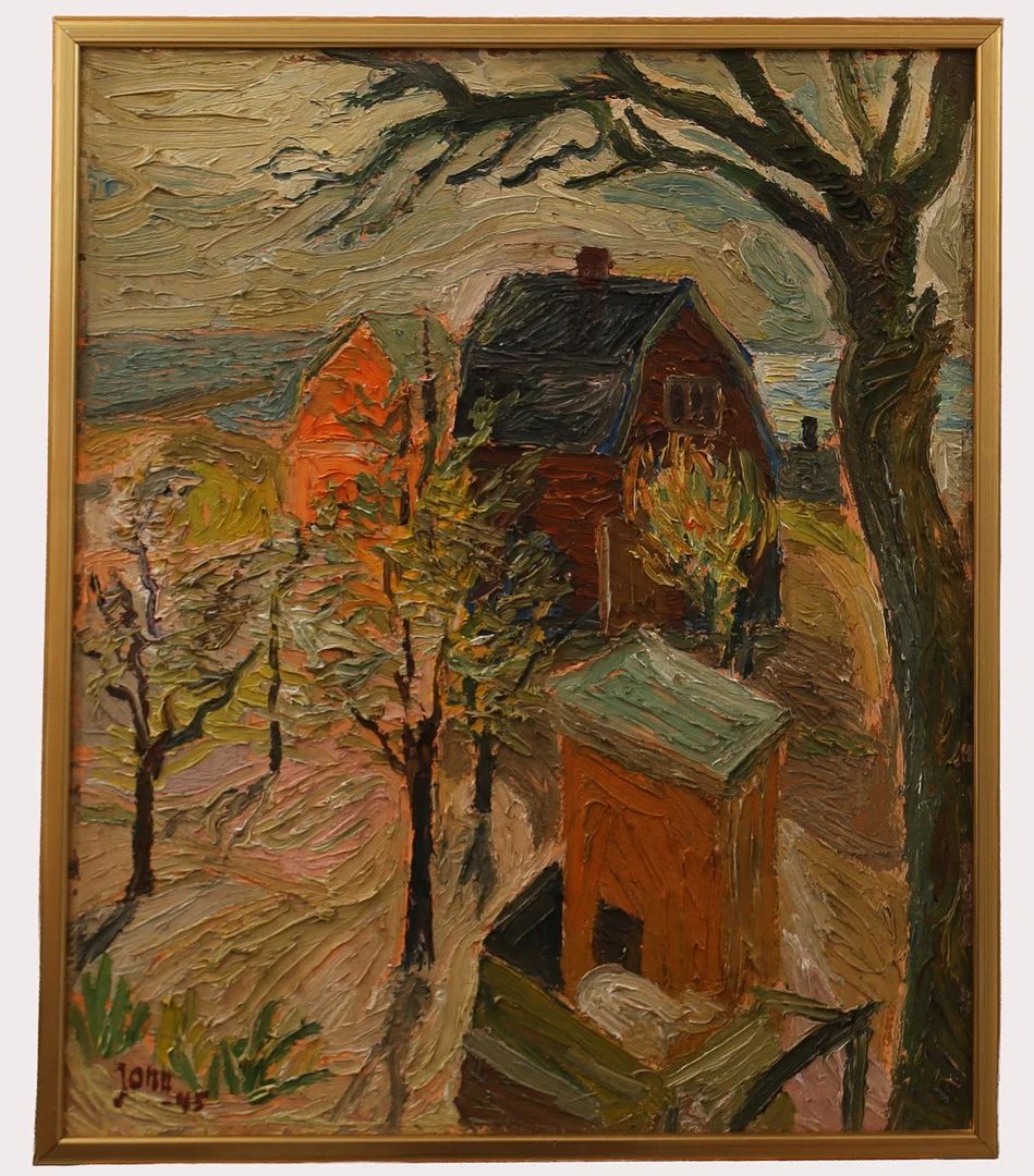 GUNNAR JONN. Olja på pannå, landskap med hus, signerad Jonn, daterad 1945. — Paintings — Limhamns Auktionsbyrå