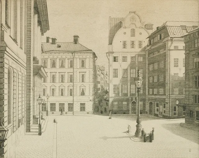 GUSTAF ISANDER (1863-1929). "Stortorget sommardag, Stockholm", signerad och daterad i blyerts 1921, torrnålsgravyr.