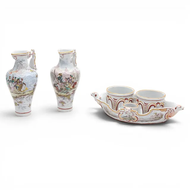 Cruets stand in 18th Century style French earthenware, from Sceaux or Marseille, 19th Century.