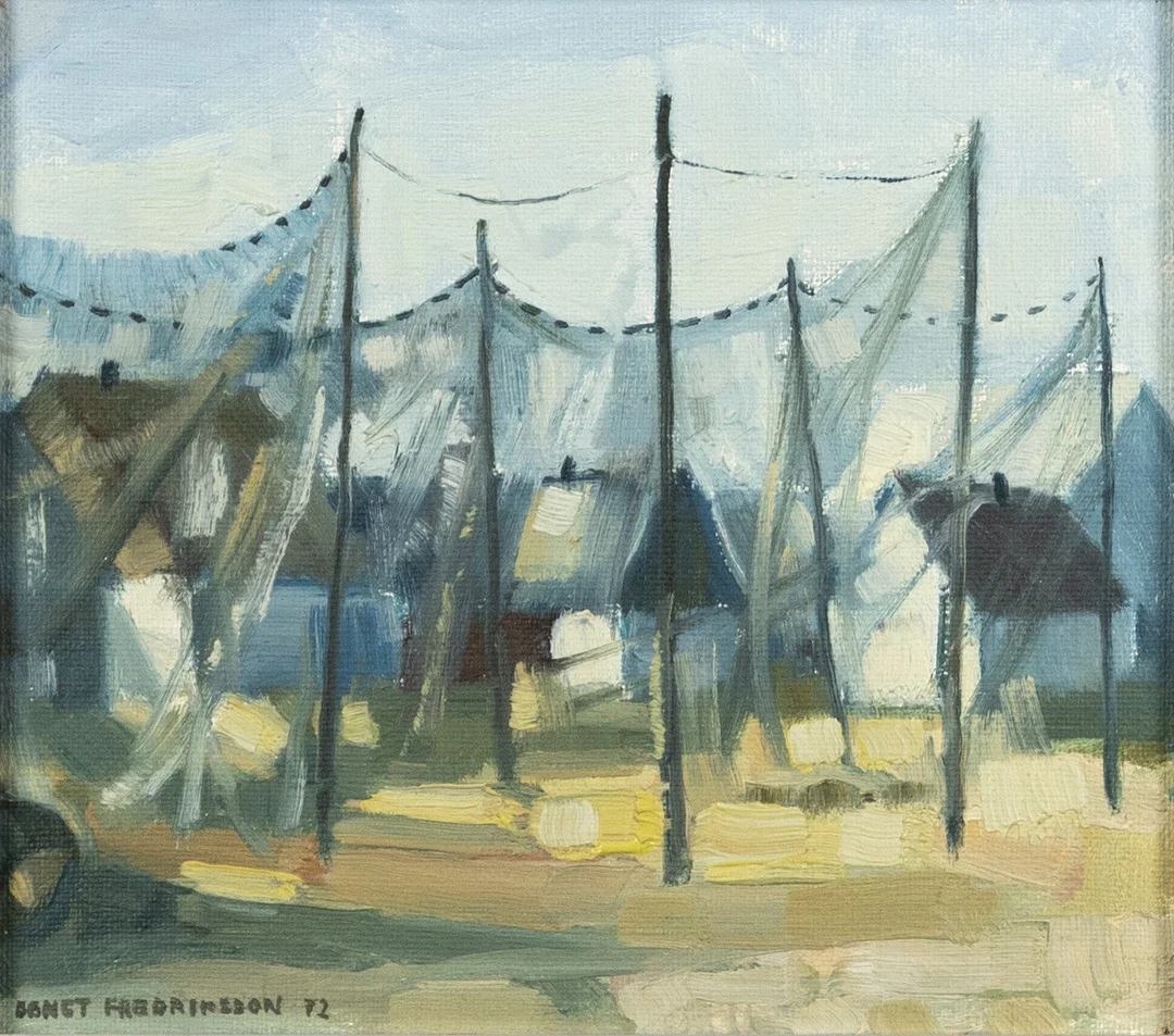 BENGT FREDRIKSSON. Olja på pannå, motiv med fiskeläge, signerad, daterad -72. — Paintings — Karljohan Auktioner